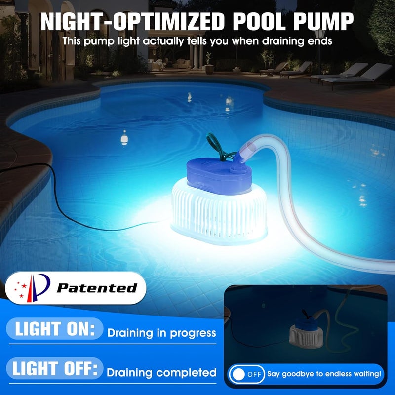 CoolPump Pool Cover Pump with Lights, Above Ground Sump Pump Submersible, Sump Pumps for Pool Draining, Water Removal Pumps with 16ft Drainage Hose & 25 ft Extra Long Power Cord,850 GPH,4 Adapters-Navy Blue - Image 5